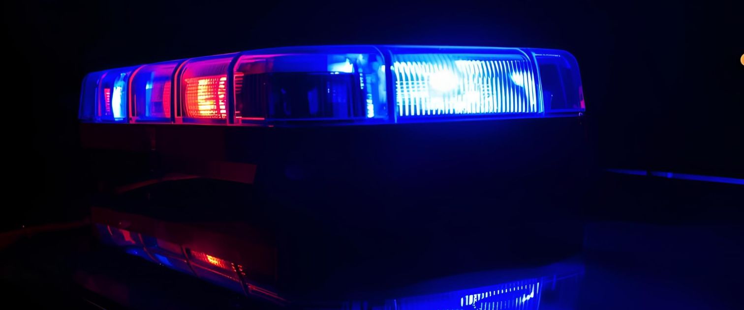 Migające światło policyjne na samochodzie w nocy. Obraz wygenerowany AI