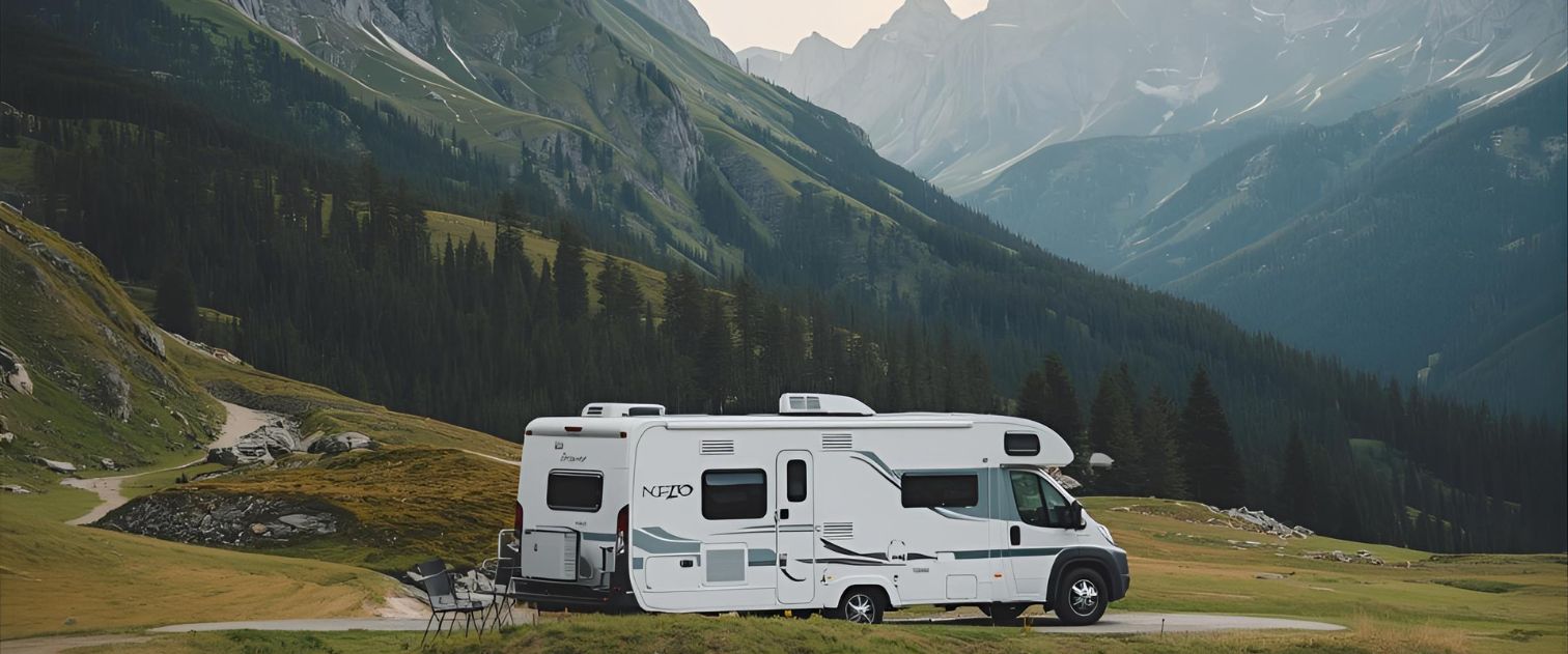 realistyczne zdjęcie nowoczesnego campera zaparkowanego w urokliwym górskim miejscu. Wygenerowane za pomocą AI