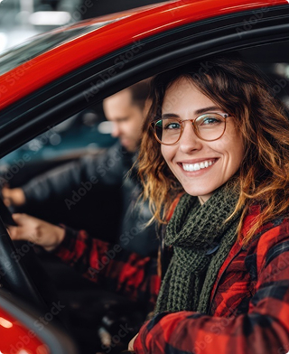 Kobieta ma miejscu kierowcy patrząca w obiektyw
