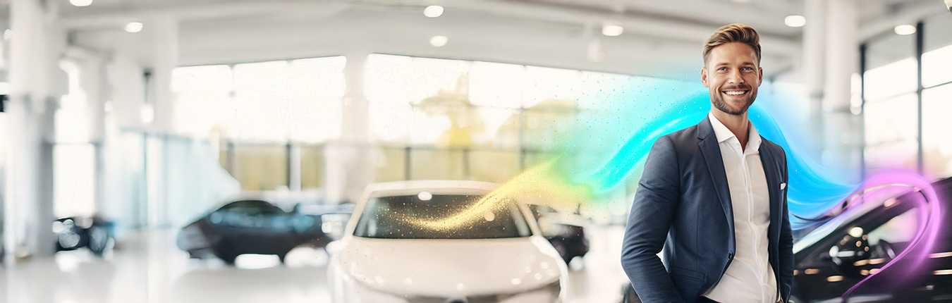 Uśmiechnięty mężczyzna ubrany w koszulę i marynarkę stojący w salonie samochodowym. W tle samochody.