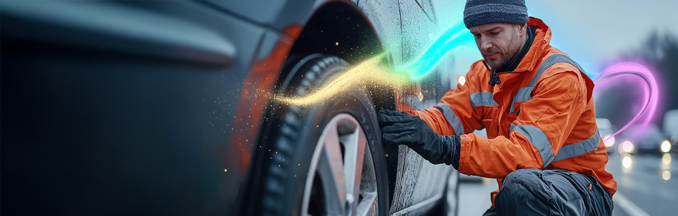 Mężczyzna naprawiający oponę na poboczu ubrany w pomarańczową kamizelkę, rękawiczki, czapkę oraz spodnie robocze. W tle jadące samochodu na ulicy.