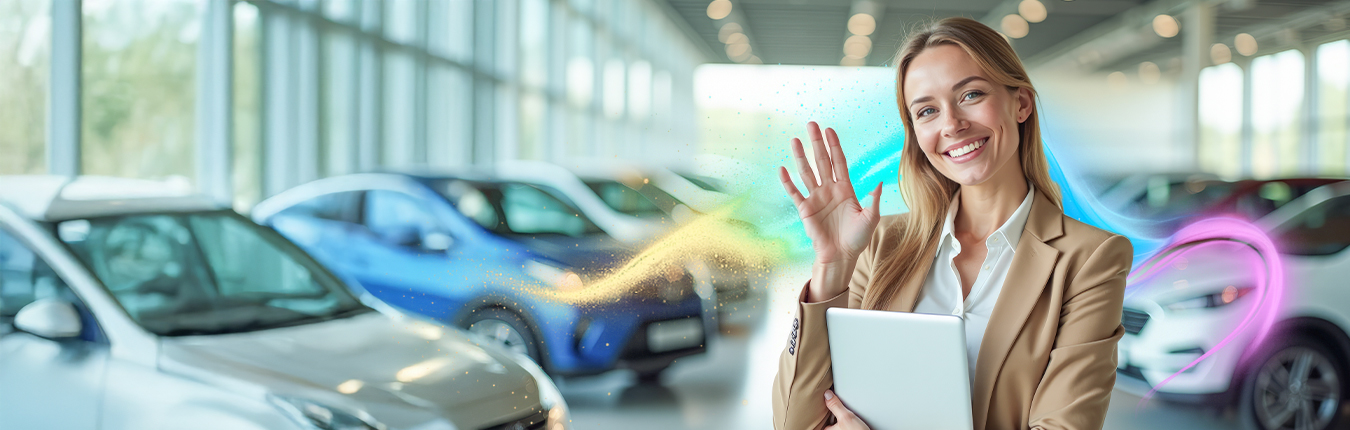 Uśmiechnięta kobieta machająca ręką w salonie samochodowym. W tle samochody.