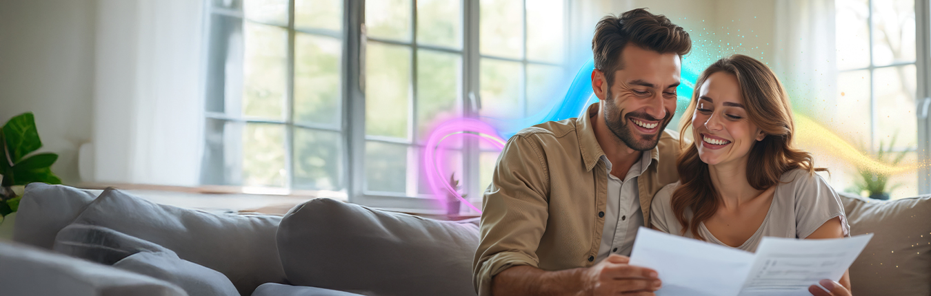 Obraz zawierający uśmiechniętą kobietę oraz mężczyznę siedzącą na kanapie w domu czytającą dokumenty