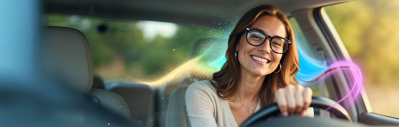 Uśmiechnięta kobieta w okularach prowadzi samochód.