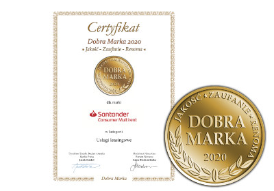Certyfikat Dobra Marka 2020. Jakość - Zaufanie - Renoma dla marki Santander Consumer Multirent w kategorii Usługi leasingowe.