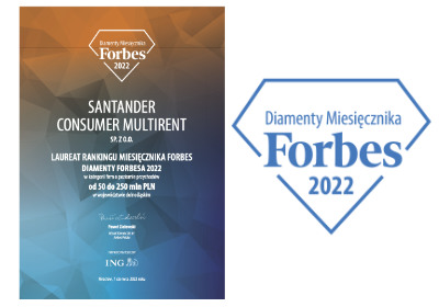 Diamenty Miesięcznika Forbes 2022. Santander Consumer Multirent Sp. z O. O. Laureat rankingu miesięcznika Forbes Diamenty Forbesa 2022 w kategorii firma o poziomie przychodów od 50 do 250 mln PLN w województwie dolnośląskim.