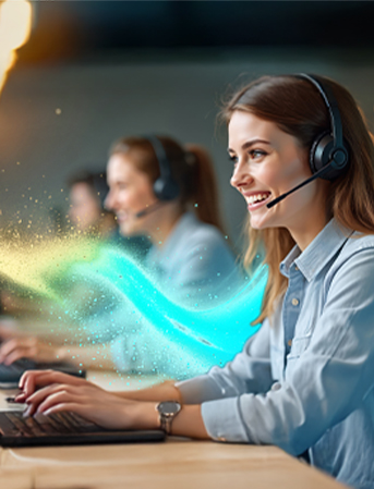 Uśmiechnięta kobieta rozmawia przez zestaw słuchawkowy. w biurze przed laptopem. W tle inne osoby rozmawiające przez zestawy słuchawkowe.