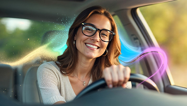 Uśmiechnięta kobieta w okularach prowadzi samochód.