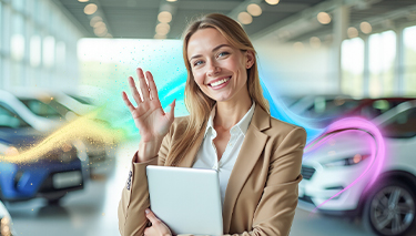 Uśmiechnięta kobieta machająca ręką w salonie samochodowym. W tle samochody.