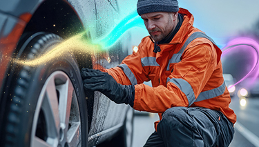 Mężczyzna naprawiający oponę na poboczu ubrany w pomarańczową kamizelkę, rękawiczki, czapkę oraz spodnie robocze. W tle jadące samochodu na ulicy.