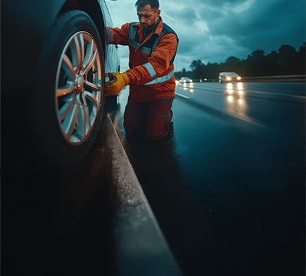 Mężczyzna naprawiający oponę na poboczu ubrany w pomarańczową kamizelkę, rękawiczki, czapkę oraz spodnie robocze. W tle jadące samochodu na ulicy.