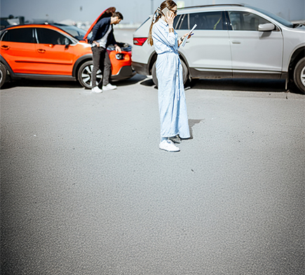 Wypadek samochodowy. Mężczyzna zagląda pod otwartą klapę silnika, a kobieta rozmawia przez telefon