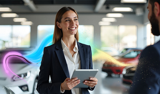 Obraz zawierający uśmiechniętą kobietę z tabletem w dłoniach rozmawiającą z mężczyzną. Znajdują się w salonie samochodym. W tle samochody.