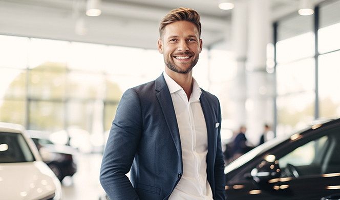 Obraz przedstawia uśmiechniętego mężczyznę ubranego w koszulę i marynarkę stojącego w salonie samochodowym. W tle samochody.