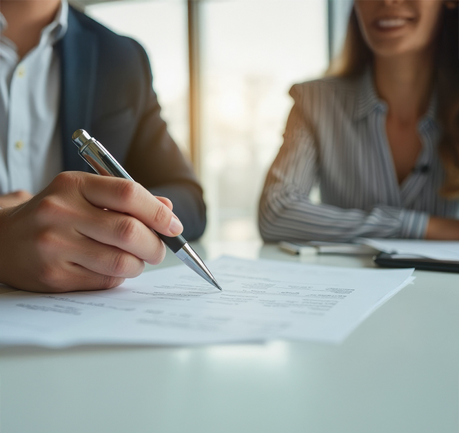 Podpisywanie dokumentów przez mężczyznę i kobietę.