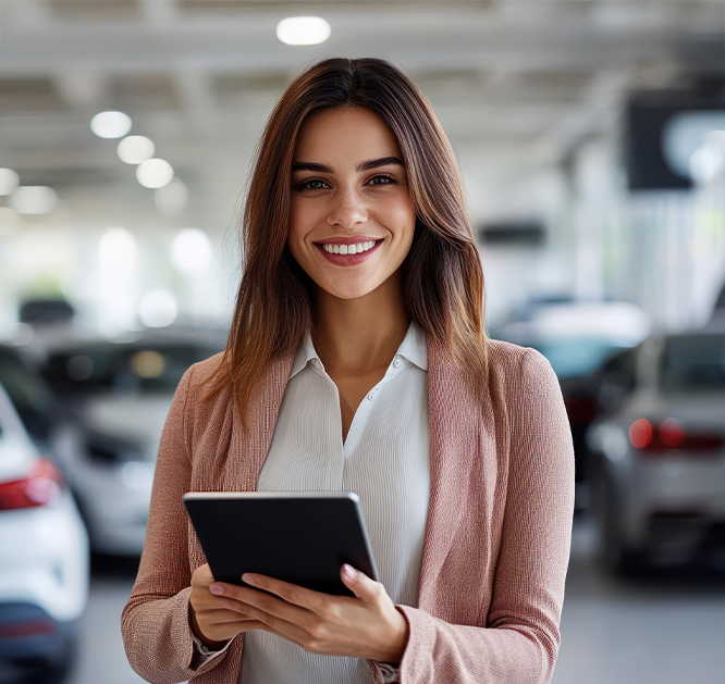 Uśmiechnięta kobieta trzymająca tablet w dłoni. Znajduje się w salonie samochodowym. W tle samochody.