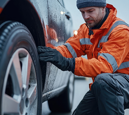 Mężczyzna naprawiający oponę na poboczu ubrany w pomarańczową kamizelkę, rękawiczki, czapkę oraz spodnie robocze. W tle jadące samochodu na ulicy.