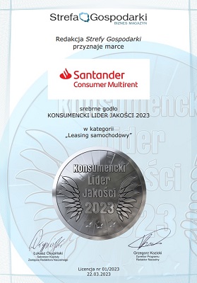 Wyróżnienie Strefy Gospodarki, Biznes Magazyn.
Treść wyróżnienia: Redakcja Strefy Gospodarki przyznaje marce Santander Consumer Multirent srebrne godło KONSUMENCKI LIDER JAKOŚCI 2023 w kategorii "Leasing samochodowy". Licencja nr 01/2023.