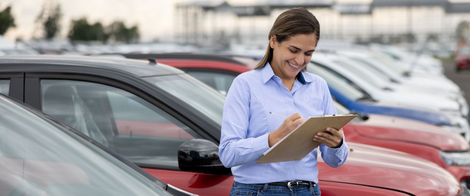 Kobieta w niebieskiej koszuli, sporządza notatki. Za nią w szeregu stoją auta.