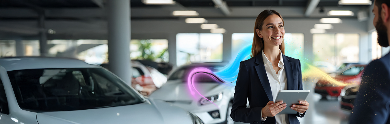Obraz zawierający uśmiechniętą kobietę z tabletem w dłoniach rozmawiającą z mężczyzną. Znajdują się w salonie samochodym. W tle samochody.