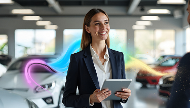 Obraz zawierający uśmiechniętą kobietę z tabletem w dłoniach rozmawiającą z mężczyzną. Znajdują się w salonie samochodym. W tle samochody.