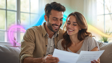 Obraz zawierający uśmiechniętą kobietę oraz mężczyznę siedzącą na kanapie w domu czytającą dokumenty