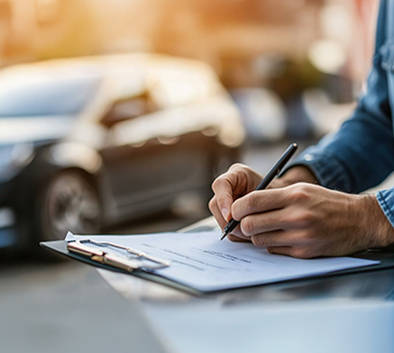 Mężczyzna uzupełniający dokumenty. W tle samochód.