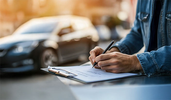 Mężczyzna uzupełniający dokumenty. W tle samochód.