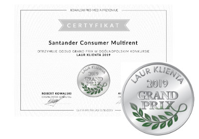 Certyfikat. Santander Consumer Multirent otrzymuje Godło Grand Prix w ogólnopolskim konkursie Laur Klienta 2019.