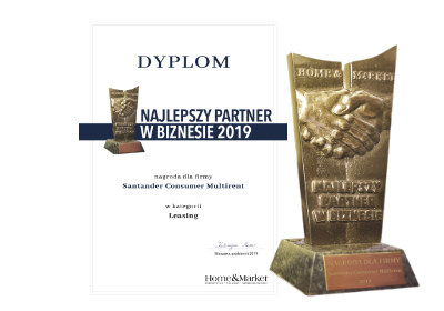 Dyplom Najlepszy Partner w Biznesie 2019, nagroda dla firmy Santander Consumer Multirent w kategorii Leasing. Home&Market. Złota statuetka 'Najlepszy partner w biznesie'.