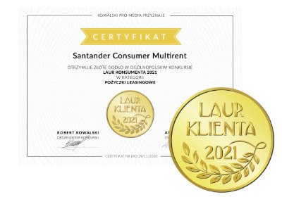 Certyfikat. Santander Consumer Multirent otrzymuje Złote Godło w ogólnopolskim konkursie Laur Klienta 2021 w kategorii Pożyczki Leasingowe.