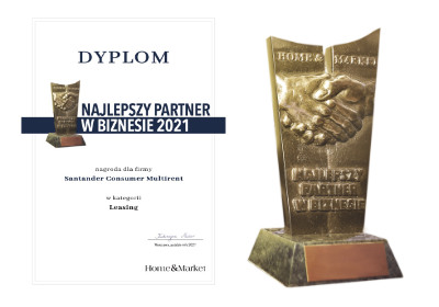 NAJLEPSZY PARTNER W BIZNESIE 2021 Dyplom Najlepszy Partner w Biznesie 2021, nagroda dla firmy Santander Consumer Multirent w kategorii Leasing. Home&Market. Złota statuetka 'Najlepszy partner w biznesie'.