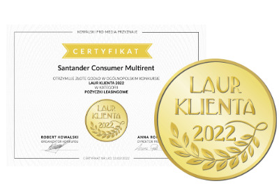 Złoty Laur Klienta 2022 Certyfikat. Santander Consumer Multirent otrzymuje Złote Godło w ogólnopolskim konkursie Laur Klienta 2022 w kategorii Pożyczki Leasingowe.