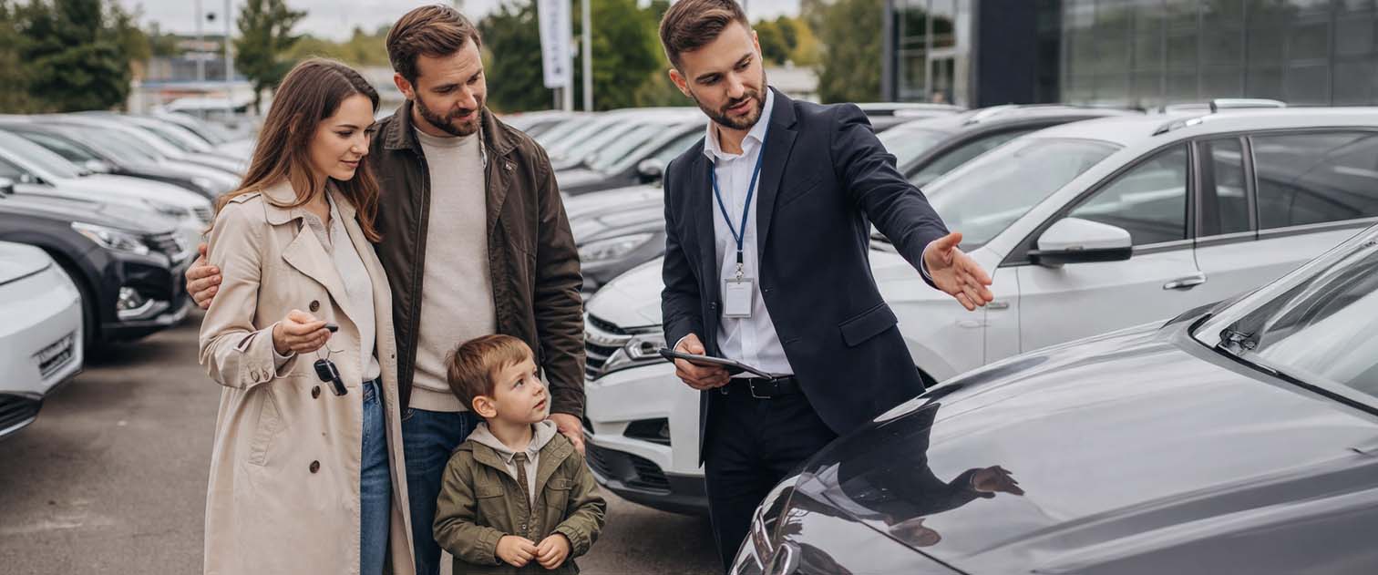 Rodzina wybiera samochód, Mężczyzna pokzauje im auto